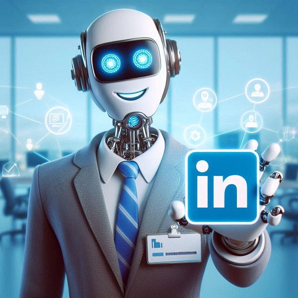 An AI robot, dressed in a suit with a tie and name badge, is holding up the LinkedIn logo. The robot has a friendly, futuristic appearance with glowing blue eyes and is set against a modern office background with digital icons floating around, symbolizing networking and connectivity.