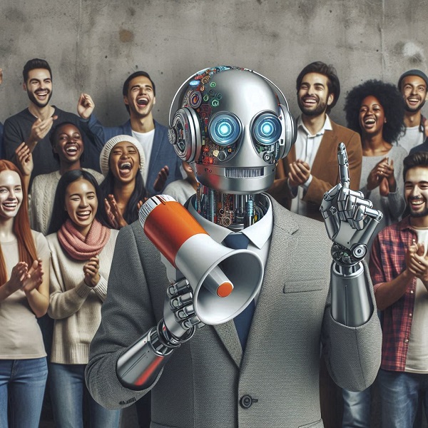 A humanoid robot wearing a suit and holding a megaphone stands in front of a diverse crowd of people who are clapping and smiling, representing the integration of AI into human activities.