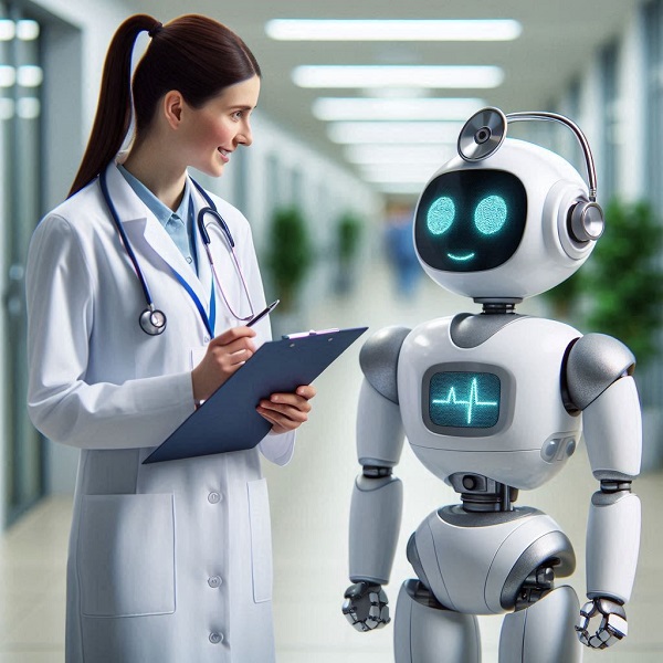 A female doctor in a white coat with a stethoscope around her neck is holding a clipboard and smiling at a friendly-looking robot. The robot has a stethoscope on its head, a screen displaying a heart rate on its chest, and is standing in a well-lit hospital corridor.