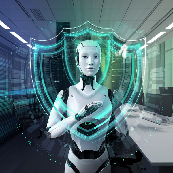 digital illustration of an AI assistant surrounded by layers of glowing, encrypted data shields