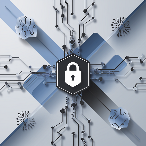 image featuring interconnected digital nodes and lines symbolizing API connections and data flow, centered around a visual representation of a secure lock icon